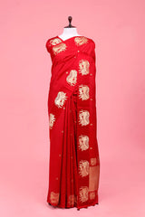 This Red Pichwai Pure Banarasi Silk Saree is a wedding saree and festive wear saree. Free Shipping Available!