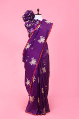 This Purple Katan Saree with Meenakari Floral Motifs is a wedding saree and festive wear saree. Free Shipping Available!