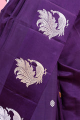 Purple Handloom Banarasi Silk Saree With Peacock Motifs