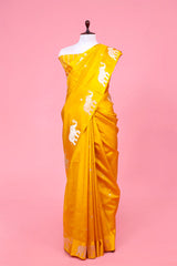 This Gaja Motifs Handloom Banarasi Silk Saree is a wedding saree and festive wear saree. Free Shipping Available!