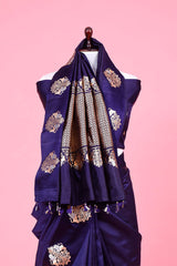 Navy Blue Handloom Banarasi Silk Saree With Shikargah Motif