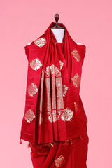 Red Handloom Banarasi Silk Saree With Shikargah Motif