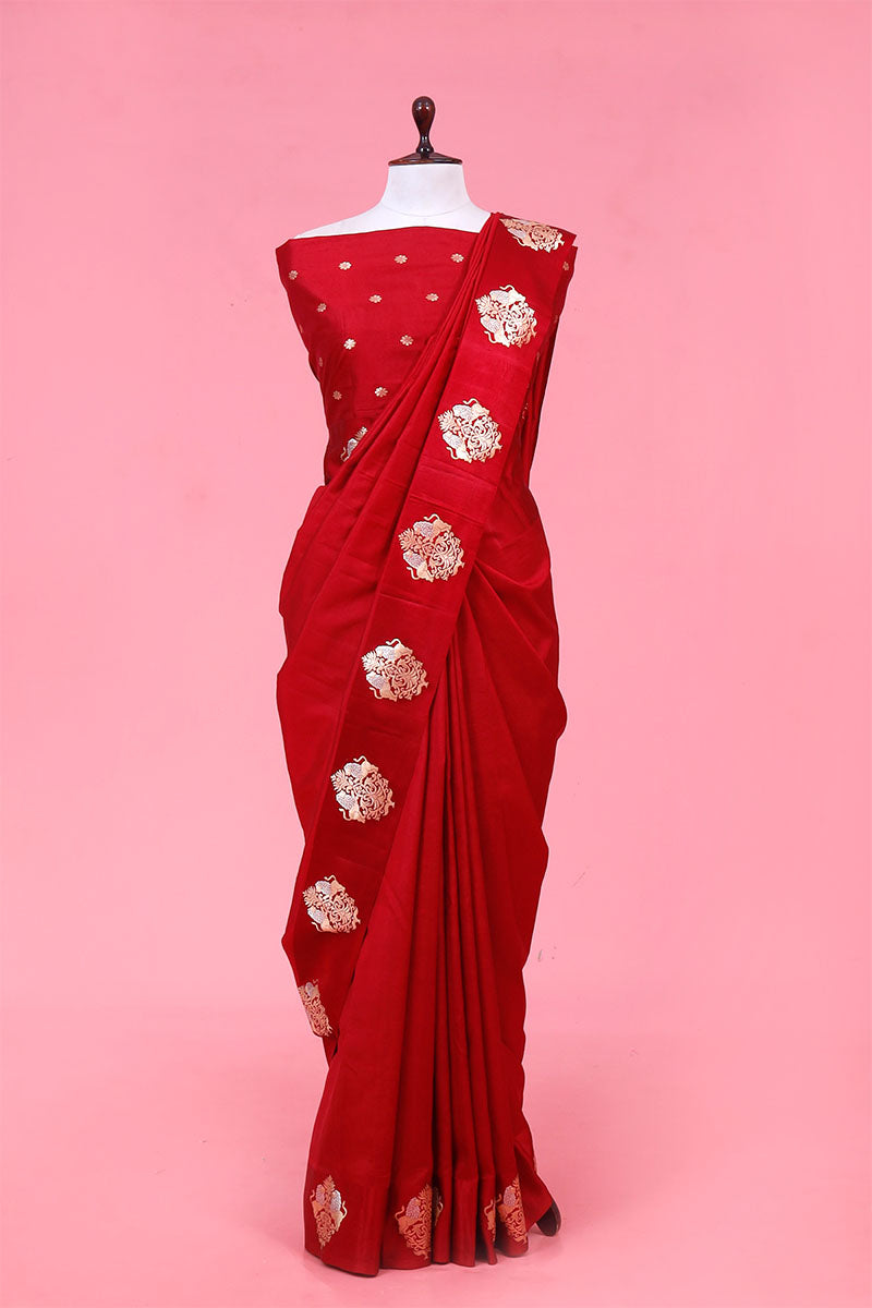 strapless open back dress Red Floral Embroidered Satin Bridal Designer Saree main image 0