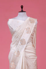 White Handloom Banarasi Silk Saree With Shikargah Motif
