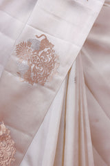 White Handloom Banarasi Silk Saree With Shikargah Motif
