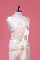 White Handloom Banarasi Silk Saree With Shikargah Motif