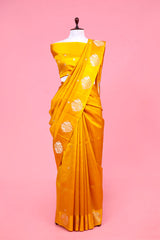 This yellow Shikargah Motif Handloom Banarasi Silk Saree is a wedding saree and festive wear saree. Free Shipping Available!