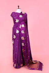 This Purple Handloom Banarasi Saree with Nandi Motifs is a wedding saree and festive wear saree. Free Shipping Available!