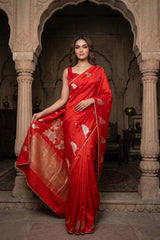 This Nita Ambani Inspired Red Saree with Gayatri Mantra is a wedding saree and festive wear saree. Free Shipping Available!