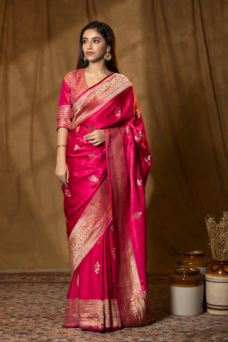 Bright Pink Banarasi Silk Saree with Golden Zari Meenakari work