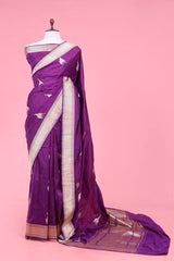 This Purple Katan Silk Banarasi Saree with Flamingo Motifs is a wedding saree and festive wear saree. Free Shipping Available!