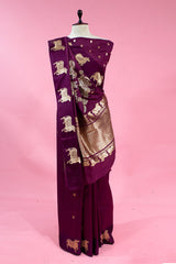 Wine Handloom Banarasi Silk Saree with Gayatri Mantra