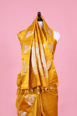 Yellow Handloom Satin Silk Banarasi Saree with Zari Hastin Motifs