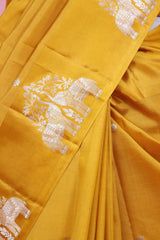 Yellow Handloom Satin Silk Banarasi Saree with Zari Hastin Motifs