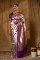 This Purple Brocade Banarasi Katan Silk Saree with Gold Zari Border is a wedding saree and festive wear saree. Free Shipping Available!