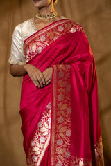 Magenta Pink Banarasi Saree with Floral Border