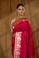 Magenta Pink Banarasi Saree with Floral Border