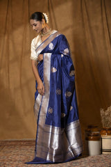 Navy Blue Katan Silk Banarasi Saree with Gold and Silver Zari Border