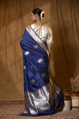 Navy Blue Katan Silk Banarasi Saree with Gold and Silver Zari Border