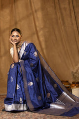 Navy Blue Katan Silk Banarasi Saree with Gold and Silver Zari Border