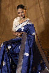 Navy Blue Katan Silk Banarasi Saree with Gold and Silver Zari Border