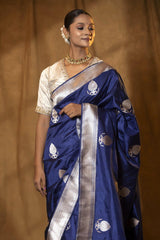 Navy Blue Katan Silk Banarasi Saree with Gold and Silver Zari Border