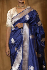 Navy Blue Katan Silk Banarasi Saree with Gold and Silver Zari Border
