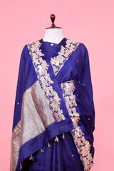 Navy Blue Banarasi Silk Saree with Gokul Motifs