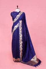 This Navy Blue Banarasi Silk Saree with Gokul Motifs is a wedding saree and festive wear saree. Free Shipping Available!