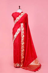 This Red Handloom Silk Banarasi Saree with Gokul Motifs is a wedding saree and festive wear saree. Free Shipping Available!
