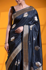 Black Katan Silk Banarasi Saree with Bastet Motifs