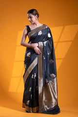 Black Katan Silk Banarasi Saree with Bastet Motifs