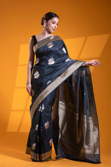 Black Katan Silk Banarasi Saree with Bastet Motifs