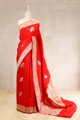 This Red Banarasi Katan Silk Saree with Bird Motifs is a wedding saree and festive wear saree. Free Shipping Available!
