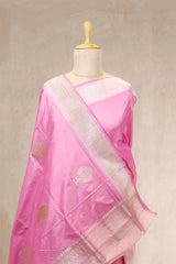 Baby Pink Katan Banarasi Silk Saree with Gold and Silver Zari Border