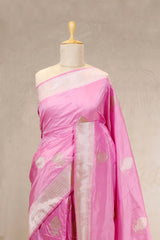 Baby Pink Katan Banarasi Silk Saree with Gold and Silver Zari Border