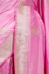 Baby Pink Katan Banarasi Silk Saree with Gold and Silver Zari Border