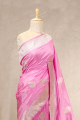 Baby Pink Katan Banarasi Silk Saree with Gold and Silver Zari Border