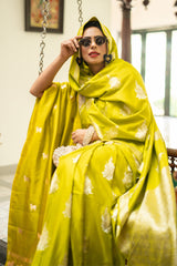 This Peridot Green Banarasi Saree with Floral Motifs - Pavitra Sagar is a wedding saree and festive wear saree. Free Shipping Available!