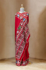 This Nita Ambani Inspired Red Patola Saree with Radha-Krishna Embellished Blouse is a wedding saree and festive wear saree. Free Shipping Available!