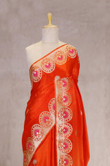 Orange Handloom Banarasi Satin Silk Saree with Gold Zari And Resham Floral Work