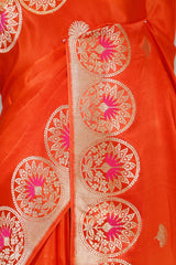 Orange Handloom Banarasi Satin Silk Saree with Gold Zari And Resham Floral Work