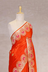 Orange Handloom Banarasi Satin Silk Saree with Gold Zari And Resham Floral Work