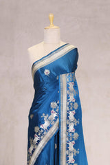 Blue Handloom Banarasi Satin Silk Saree with Silver Zari Pichwai Motif