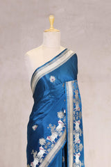 Blue Handloom Banarasi Satin Silk Saree with Silver Zari Pichwai Motif