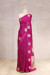 This Pink Handloom Banarasi Silk Saree with Gayatri Mantra is a wedding saree and festive wear saree. Free Shipping Available!