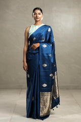 Cobalt Blue Banarasi Satin Silk Saree with Zari Floral Motifs