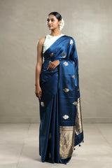 This Cobalt Blue Banarasi Satin Silk Saree with Zari Floral Motifs is a wedding saree and festive wear saree. Free Shipping Available!