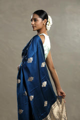Cobalt Blue Banarasi Satin Silk Saree with Zari Floral Motifs