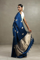 Cobalt Blue Banarasi Satin Silk Saree with Zari Floral Motifs